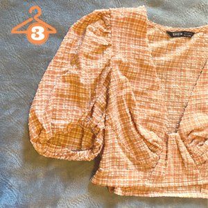 Orange + White Gingham Linen Crop Top, Bubble Sleeve, Size Small, From Shein